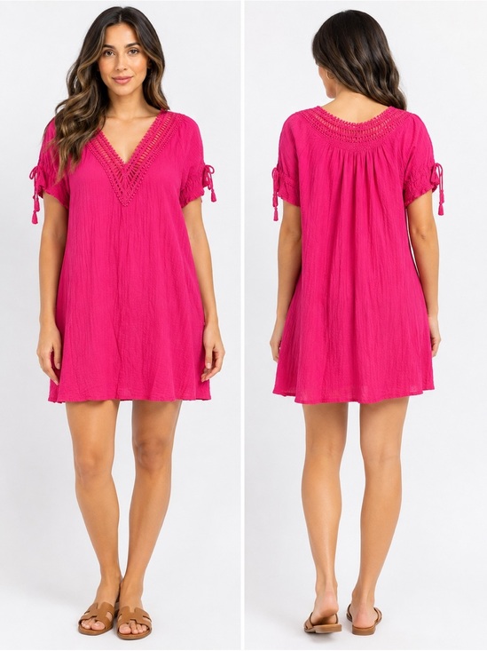 Robin Piccone Dresses & Skirts - Robin Piccone Pink Dress flowy fabric and intricate crochet detailing Size L